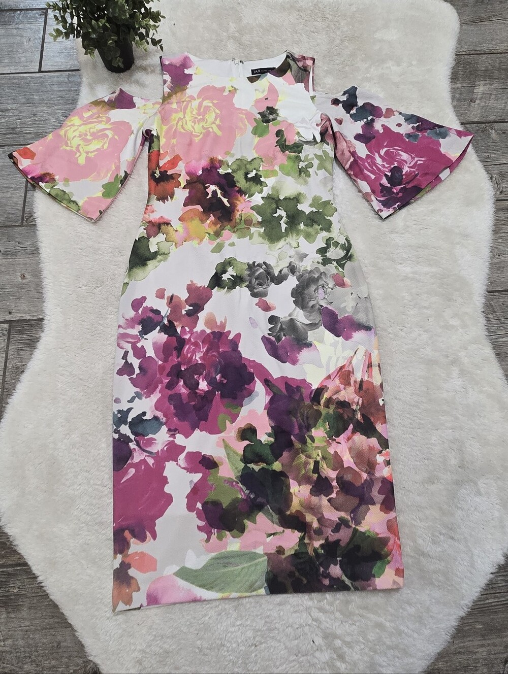 JAX Black Label Floral Cold Shoulder Midi Sheath Dress Bell Sleeve, Size 6